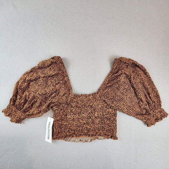 Urban Outfitters Giselle Cheetah Smocked Square Neck Puff Sleeve Ruffle Crop Top - Picture 12 of 13